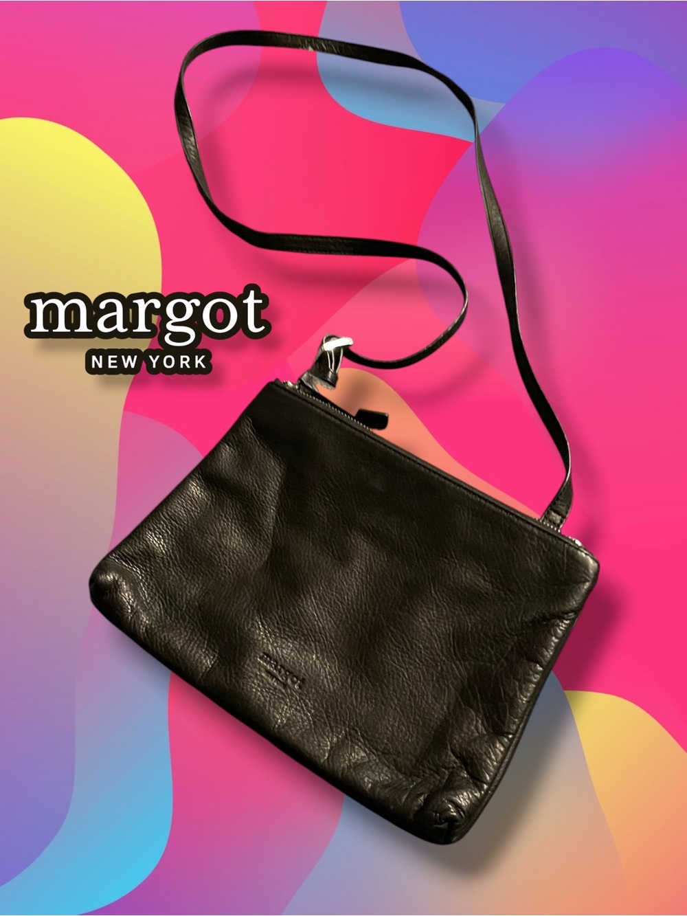✨ Margot New York Black Pebbled Leather Double Zip Crossbody Bag ✨